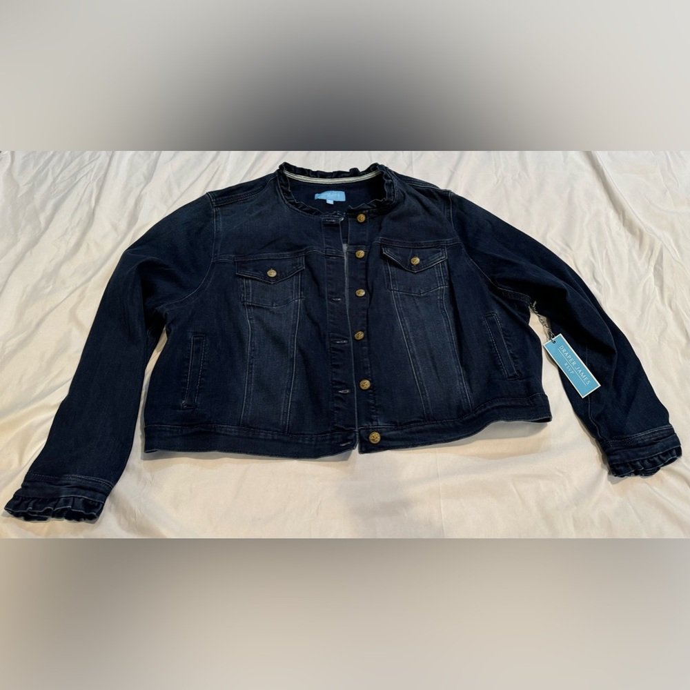 NWT Draper James Dark Denim Jacket Sz 3x Buttons 4 Pockets Ruffled Neck & Sleeve